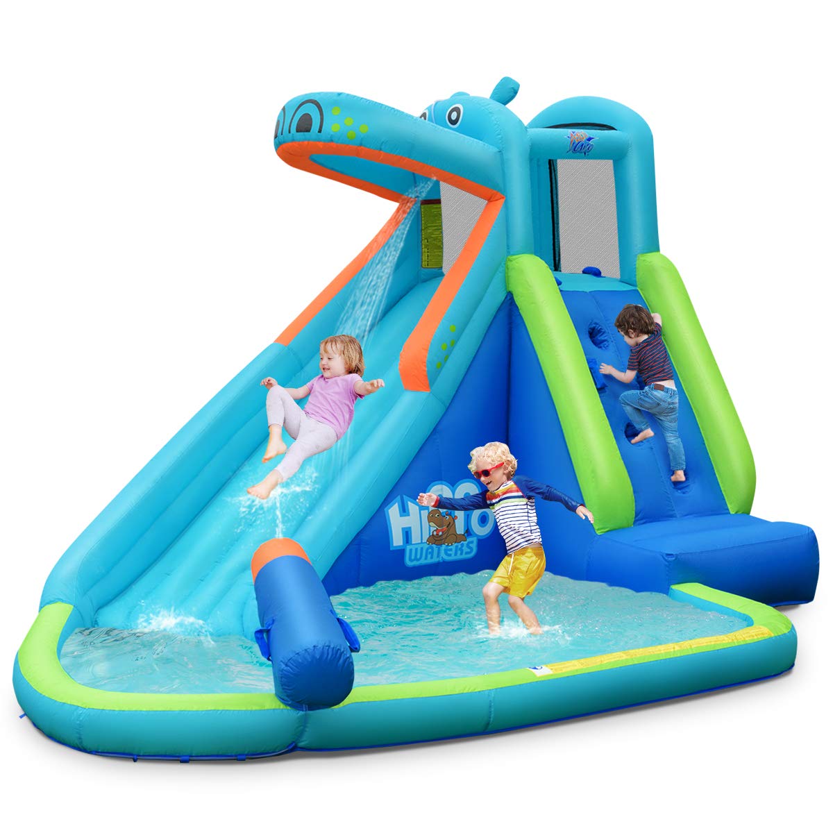 BOUNTECH Inflatable Water Slide, Hippo Themed Waterslide Park for Kids Backyard Outdoor Fun w/Long Slide, Splashing Pool, Blow up Water Slides Inflatables for Kids and Adults Party Gifts Hippo without Blower