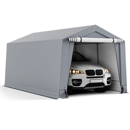 Tangkula Abri de voiture robuste de 3 x 4,9 m, garage portable extérieur avec poutres triangulaires renforcées, cadre en acier galvanisé, auvent de voiture en métal toutes saisons avec 2 portes amovibles pour voiture, camion, SUV, bateau 