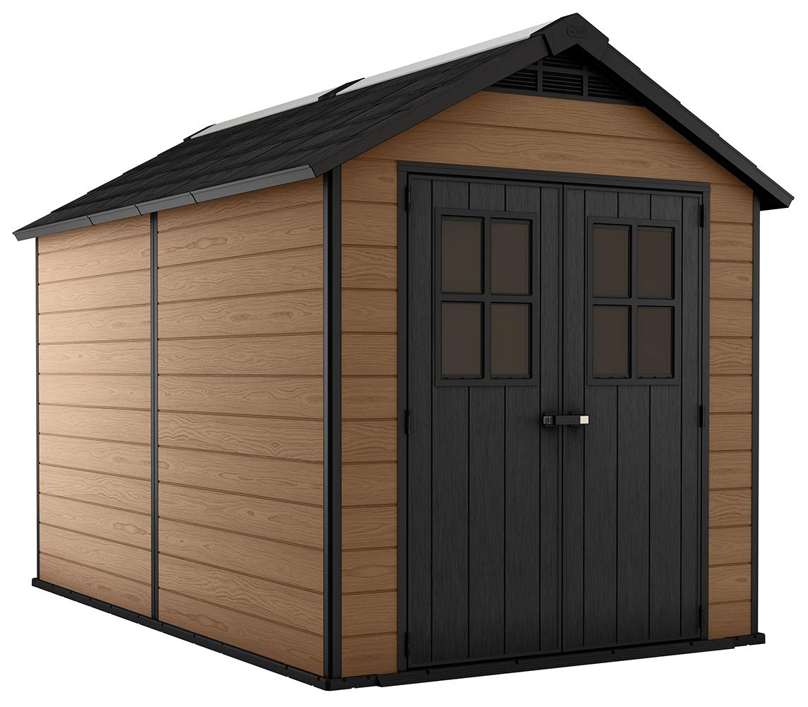 Keter Newton 7.5x11 Large Resin Outdoor Storage Shed Kit – Perfect to Store Patio Furniture, Garden Tools, Bike Accessories, and Lawn Mower, Mahogany Brown