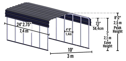 Arrow CPHC102407 Abri multi-usage en acier galvanisé robuste, abat-jour, abri d'auto, 10' x 24' x 7', abri d'auto uniquement, charbon de bois 10' x 24' x 7' 