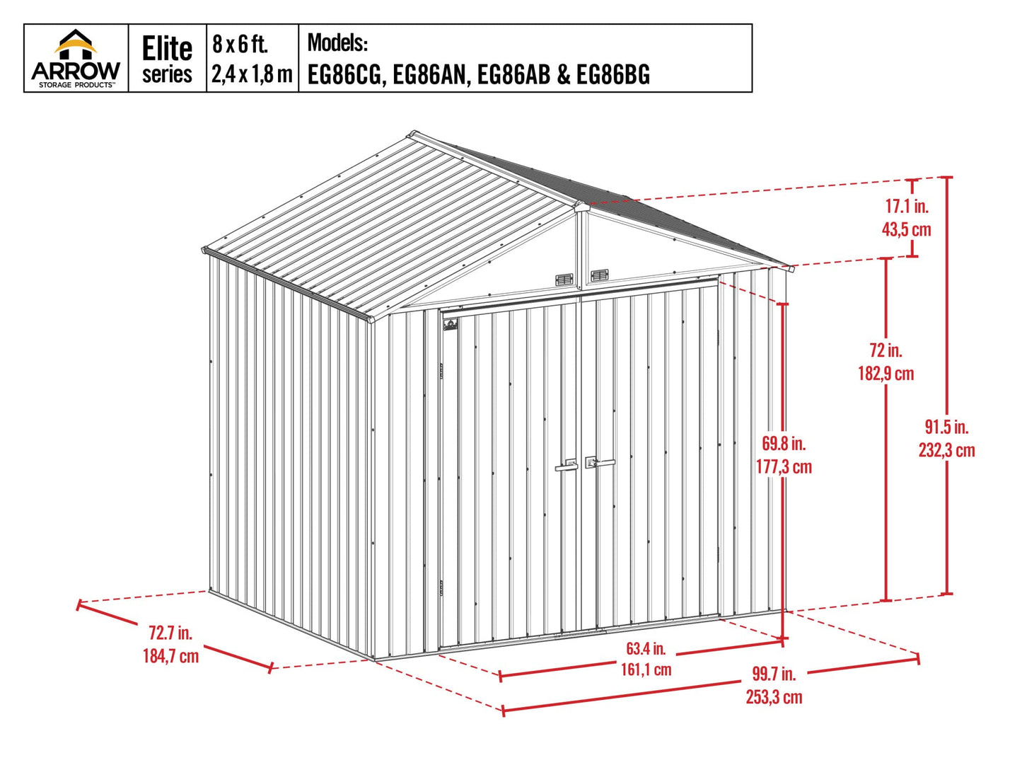 Arrow Shed Elite 8' x 6' Outdoor Lockable Steel Storage Shed Building, Cool Grey