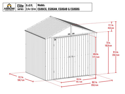 Arrow Shed Elite 8' x 6' Outdoor Lockable Steel Storage Shed Building, Cool Grey