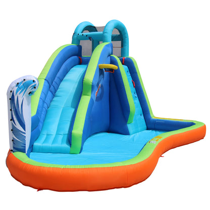 Toboggan aquatique géant gonflable - Immense piscine pour enfants (14 pieds de long sur 8 pieds de haut) avec arroseur intégré et panier de basket-ball - Parc d'aventure extérieur Surf N Splash - Souffleur inclus