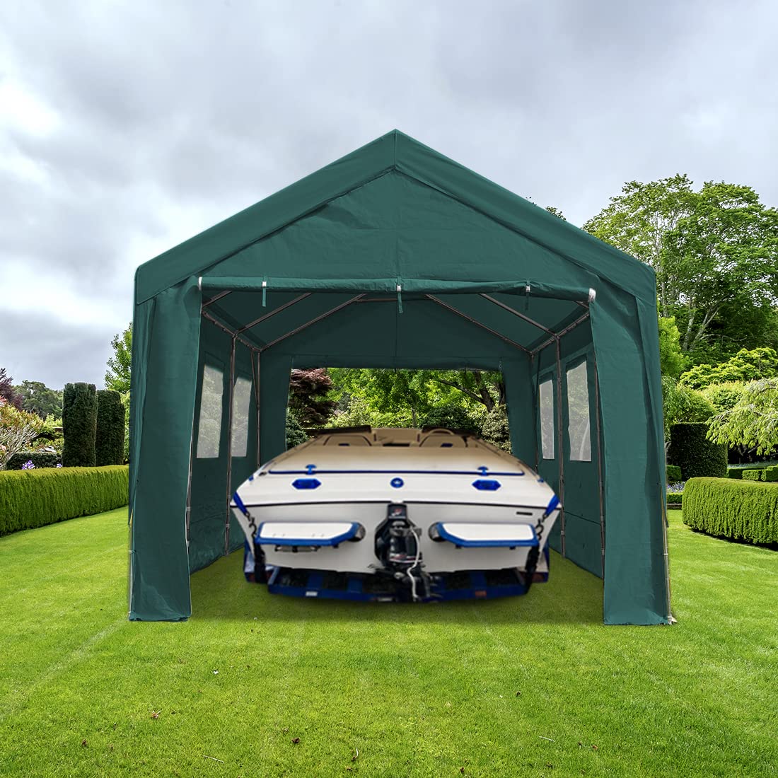 ADVANCE OUTDOOR 12x20 ft Heavy Duty Adjustable Carport with 6 Roll-up Ventilated Windows & Removable Sidewalls Car Canopy Garage Boat Shelter Party Tent, Peak Height from 9.5ft to 11ft, Green (020G) 12'x20'