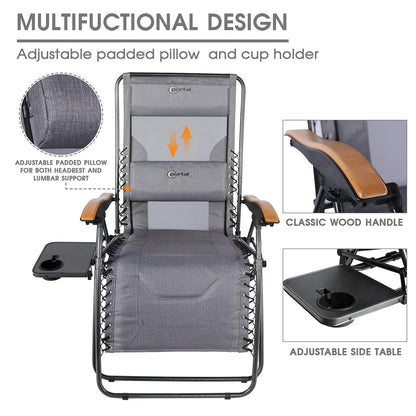 PORTAL Zero Gravity Chairs Set of 2, Gravity Chair with Padded Seat for Adult, Folding Reclining Zero Gravity Lounge Camping Patio Lawn Outdoor Chair Grey-2 Pack