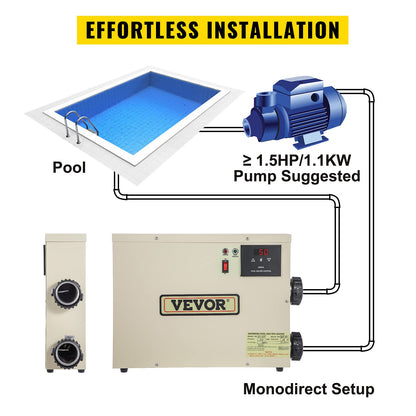 VEVOR Chauffe-eau électrique pour spa 9KW 240V 50-60HZ Chauffe-eau numérique pour spa avec régulateur de température réglable pour piscine et baignoires chaudes Chauffe-piscine auto-modulant avec CE 