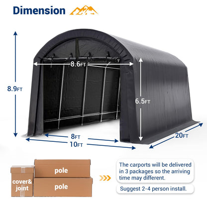 UDPATIO Abri de voiture de 10 x 20 pieds, abri robuste, tente de rangement portable extérieure avec pare-soleil, couverture épaisse imperméable de 10x20 pieds 