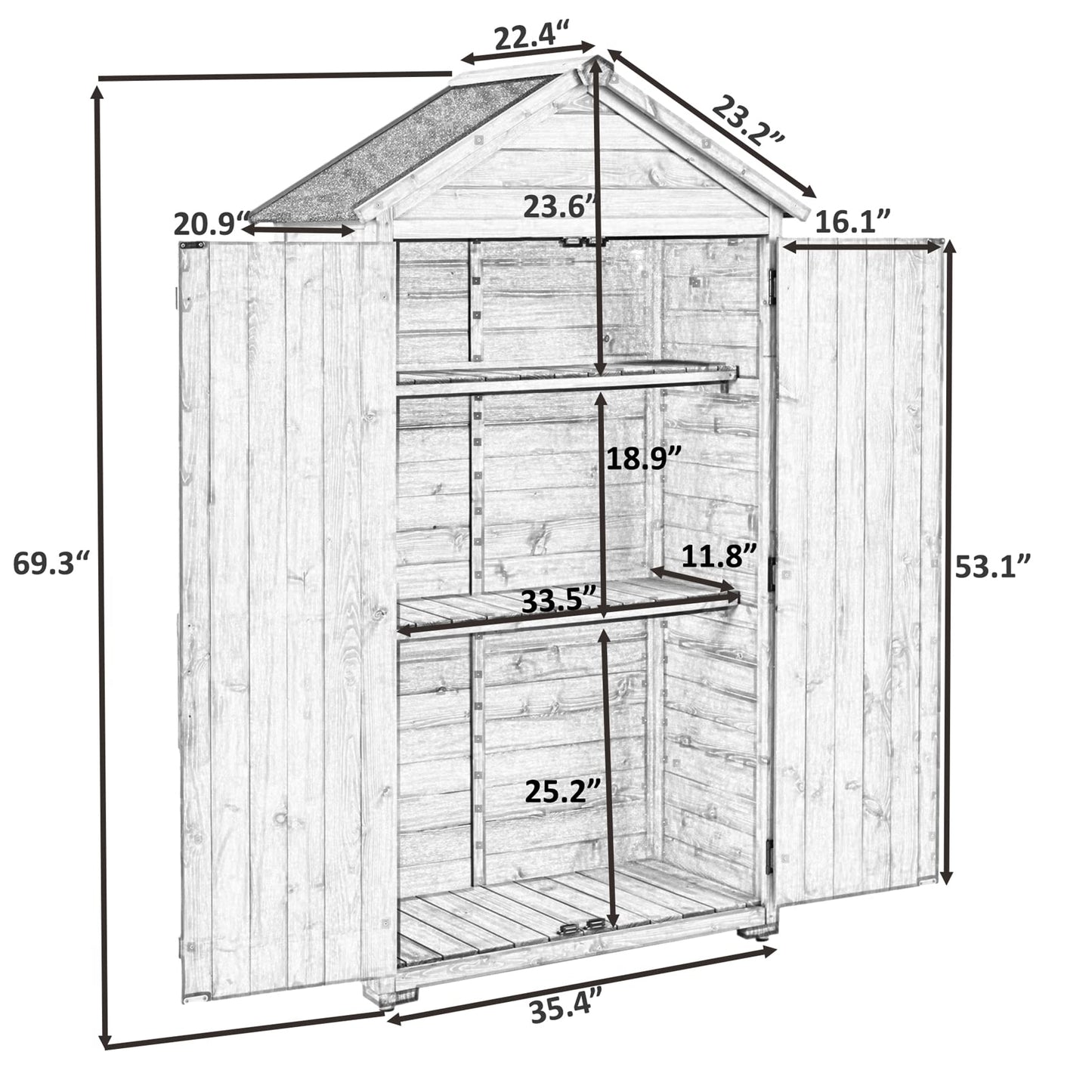 Outdoor Storage Shed with Floor, Wooden Storage Cabinet Waterproof, Garden Tool Shed with 3-Tier Shelves, Outside Vertical Shed with 2 Double Doors & Adjustable Legs, Fir Wood, Lockable (Gray) 35.4 x 22.4 x 69.3 Gray with 3 Tier Shelves & 2 Door