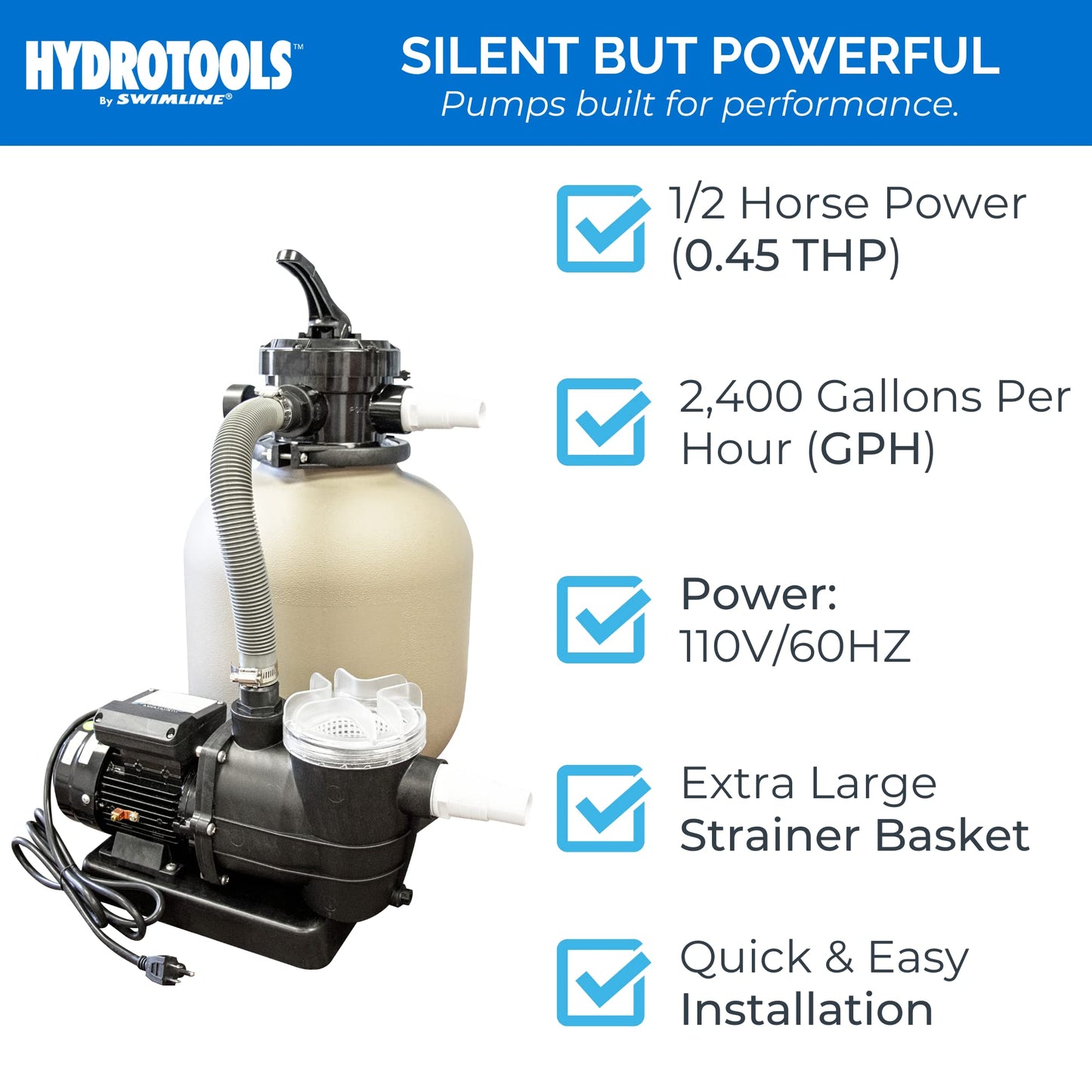 HYDROTOOLS By SWIMLINE Pool Sand Filter Pump For Above Ground & Inground Pool | 14 Inch Cleaner System 1/2 HP (0.45 THP) Horsepower 2400 GPH | Pools Up To 10500 Gallons Intex Bestway Compatible 71405 14'' A/G Sand Filter Up To 10500 Gal