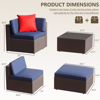 Greesum Ensemble de meubles de patio 5 pièces avec canapé sectionnel en rotin et osier avec coussins, oreillers et table en verre, bleu foncé 5 pièces 