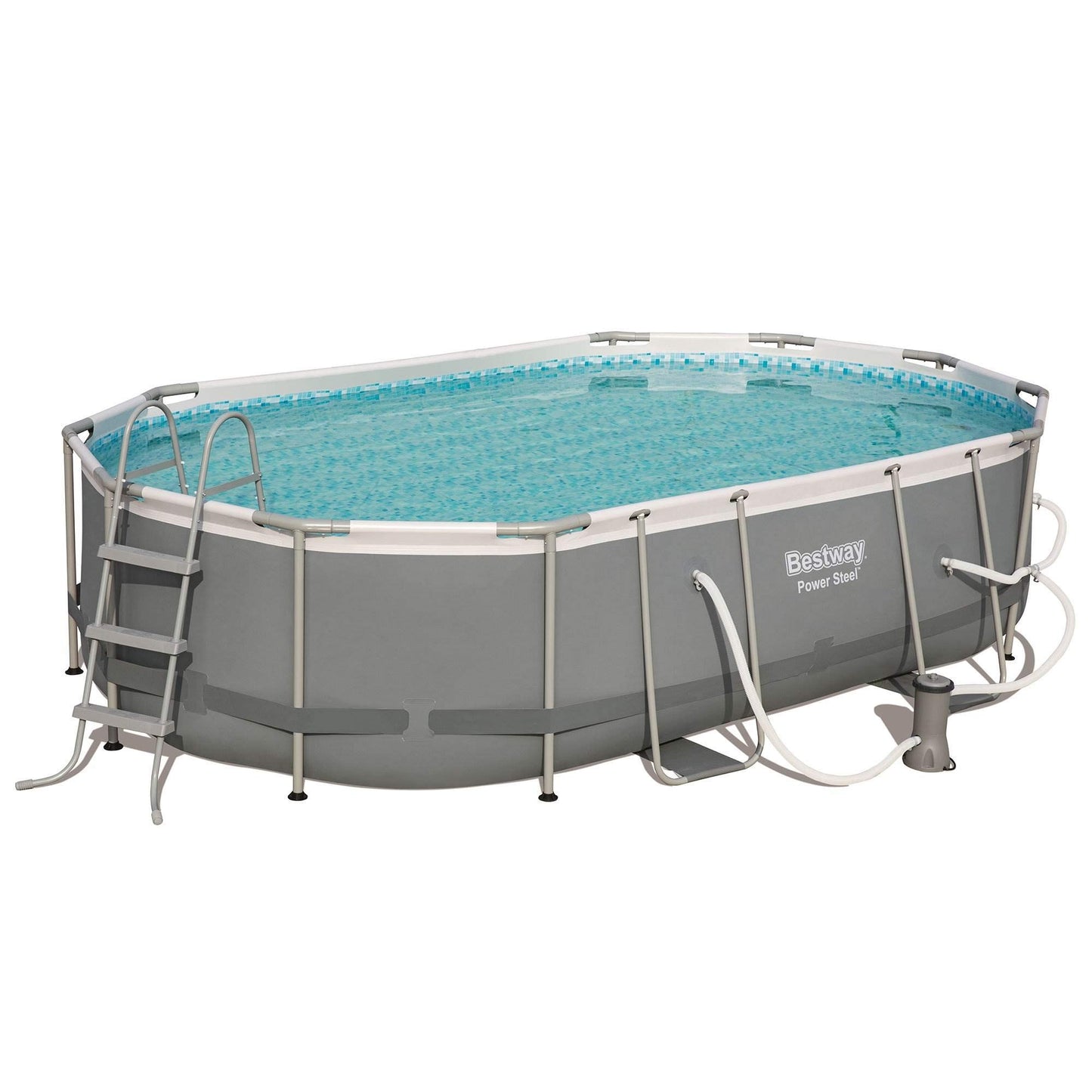 Bestway Power Steel 16' x 10' x 42" Rectangular Metal Frame Above Ground Swimming Pool Set with 1000 GPH Filter Pump, Ladder, and Pool Cover 16' x 10' x 42"