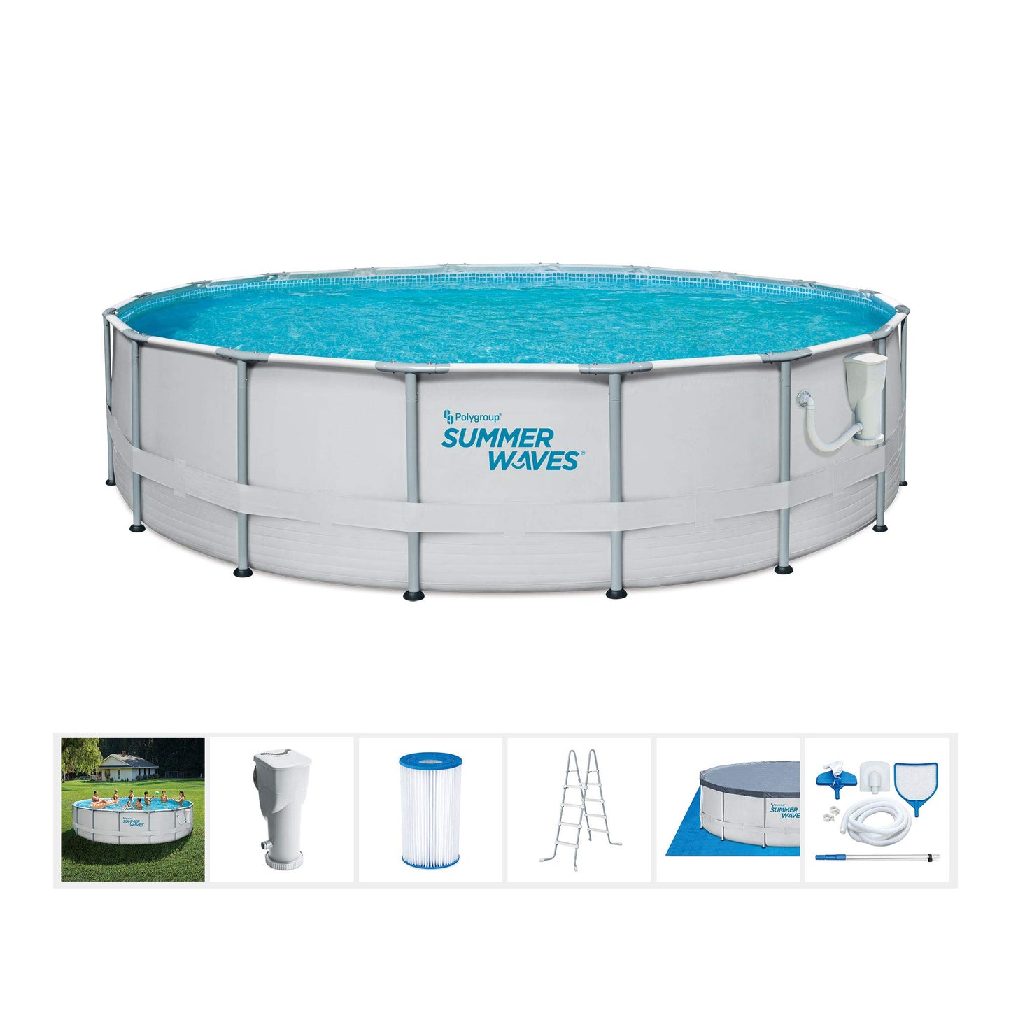 Summer Waves Elite 18ft x 48in Metal Frame Outdoor Backyard Above Ground Pool Set with Filter Pump, Ladder, Ground Cloth, Cover, and Maintenance Kit Grey (W/ Ladder)