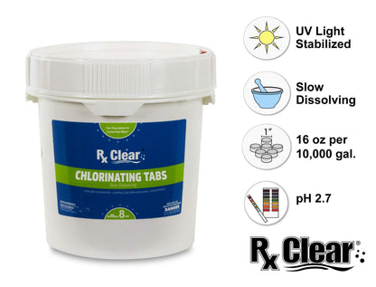 Rx Clear Comprimés de chlore stabilisé de 1 pouce | Utiliser comme bactéricide, algicide et désinfectant dans les piscines et les spas | Dissolution lente et protection UV | 8 livres