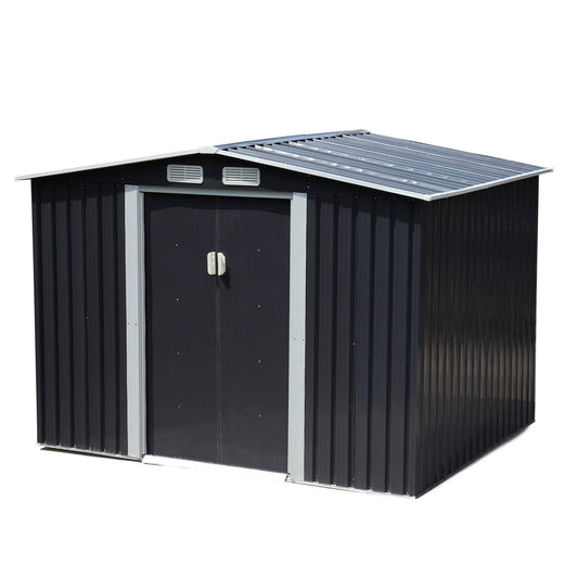 JAXSUNNY 6 x 8 FT Outdoor Storage Shed, Garden Shed Tool House w/ Sliding Doors, Utility Storage Building for Patio, Backyard, Lawn, with 4 Vents & Sloped Roof dark gray 6' x 8'