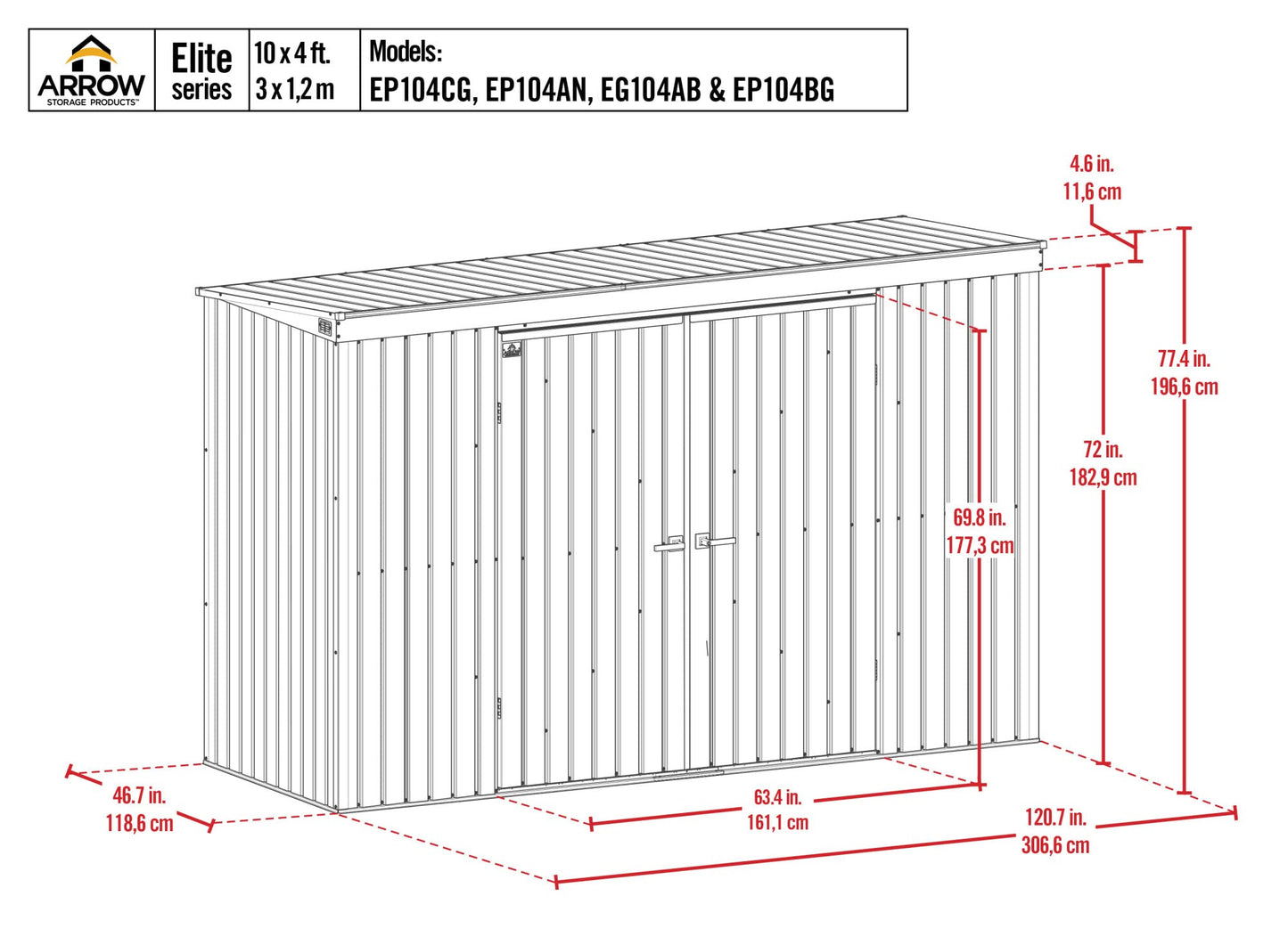 Arrow Shed Elite Hangar de rangement extérieur verrouillable en acier avec toit en pente Anthracite 3 m x 1,2 m 