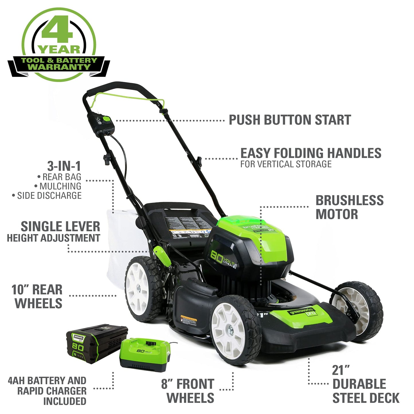 Greenworks Pro 80V 21" Brushless Cordless Lawn Mower, 4.0Ah Battery and 60 Minute Rapid Charger Included 21" Mower (4.0Ah)