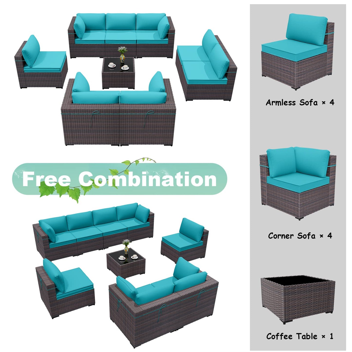 ALAULM 9 Pieces Outdoor Patio Furniture Set Sectional Sofa Sets - Blue