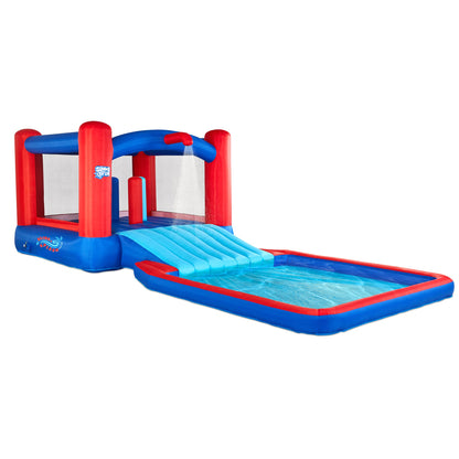 Parc de toboggans gonflables Sunny &amp; Fun Slide N' Splash Bounce House – Robuste pour les loisirs en plein air, toboggan large et piscine à éclaboussures – Facile à installer et à gonfler avec pompe à air et étui de transport inclus