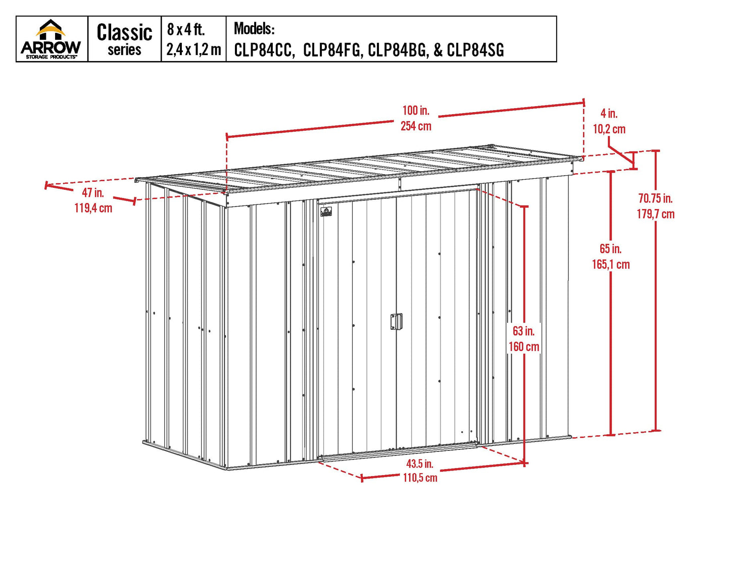 Arrow Shed Classic 8' x 4' Hangar de rangement extérieur cadenassable en acier, gris flûte 8' x 4' 