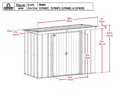 Arrow Shed Classic 8' x 4' Hangar de rangement extérieur cadenassable en acier, gris flûte 8' x 4' 