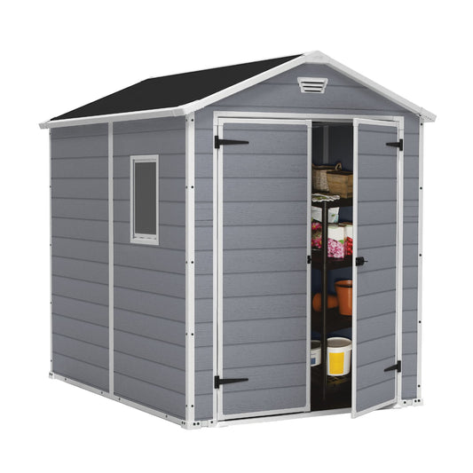Keter Manor 6x8 Resin Outdoor Storage Shed Kit-Perfect to Store Patio Furniture, Garden Tools Bike Accessories, Beach Chairs and Lawn Mower, Grey & White