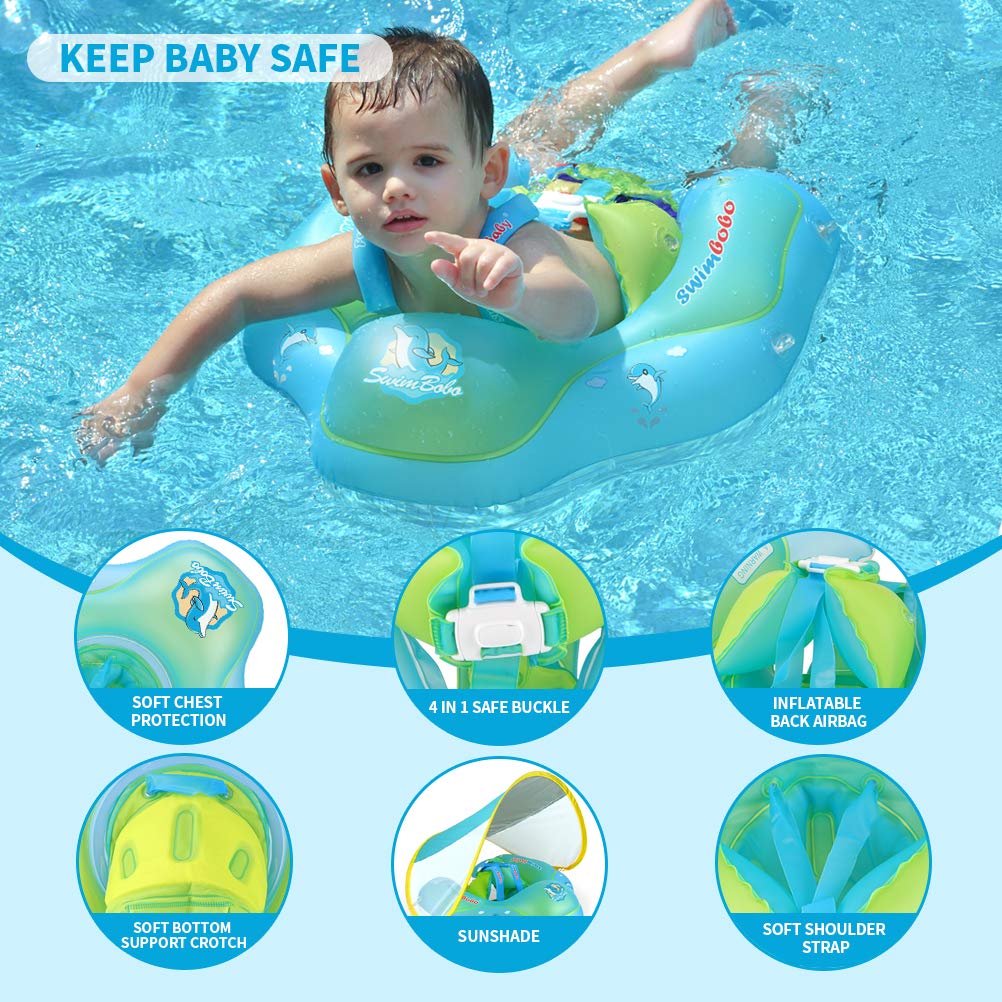 Swimbobo Flotteur de natation pour bébé Anneau de flotteur gonflable pour bébé avec protection solaire Auvent amovible pour les enfants âgés de 3 à 36 mois Amusant sur l'eau (Blue+Canopy,L) Blue+canopy Large