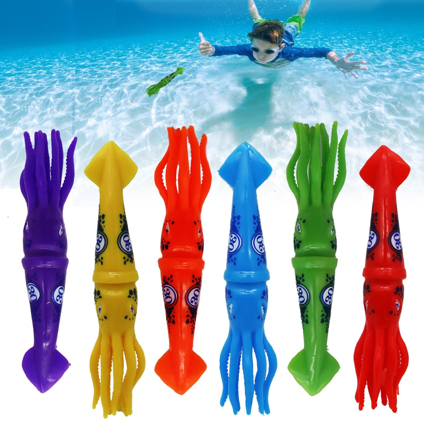 Squid Torpedo Pool Diving Toy Set for Kids, Practice Underwater Diving and Swimming, Multicolor Sinking Squids (Set of 6 Pieces) Multicolor Squid