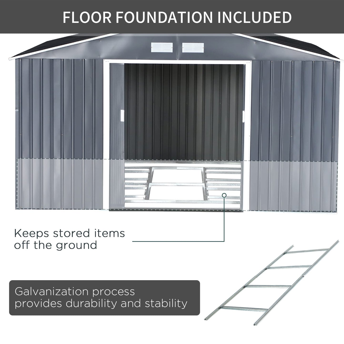 Outsunny 11,15' L x 12,5' P x 6,6' H Abri à outils de jardin extérieur avec doubles portes coulissantes, 4 aérations et acier durable, gris foncé 13' x 11' 