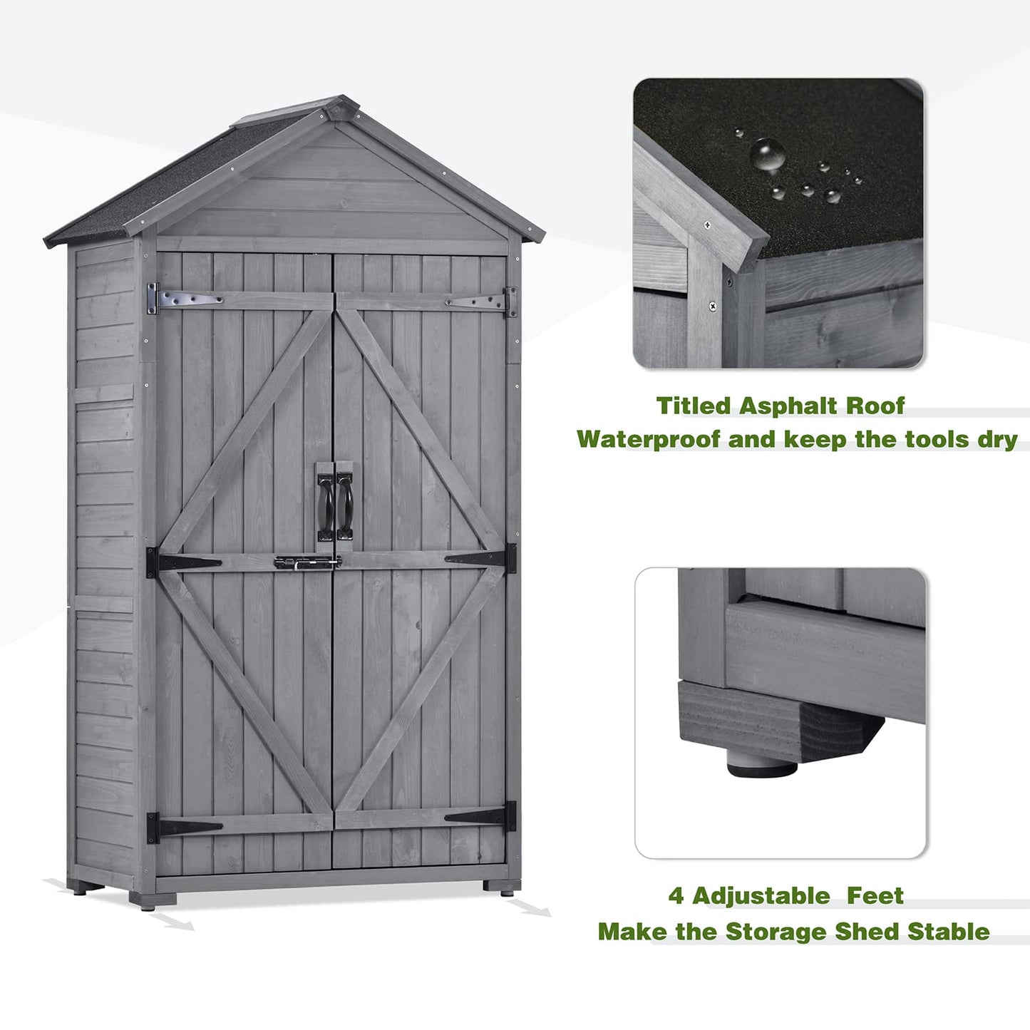 Outdoor Wooden Storage Cabinet Waterproof, Garden Tool Shed with 3-Tier Shelves, Outside Vertical Shed with 2 Double Doors & Adjustable Legs, Fir Wood, Lockable, Gray 35.4 x 22.4 x 69.3 Gray-3