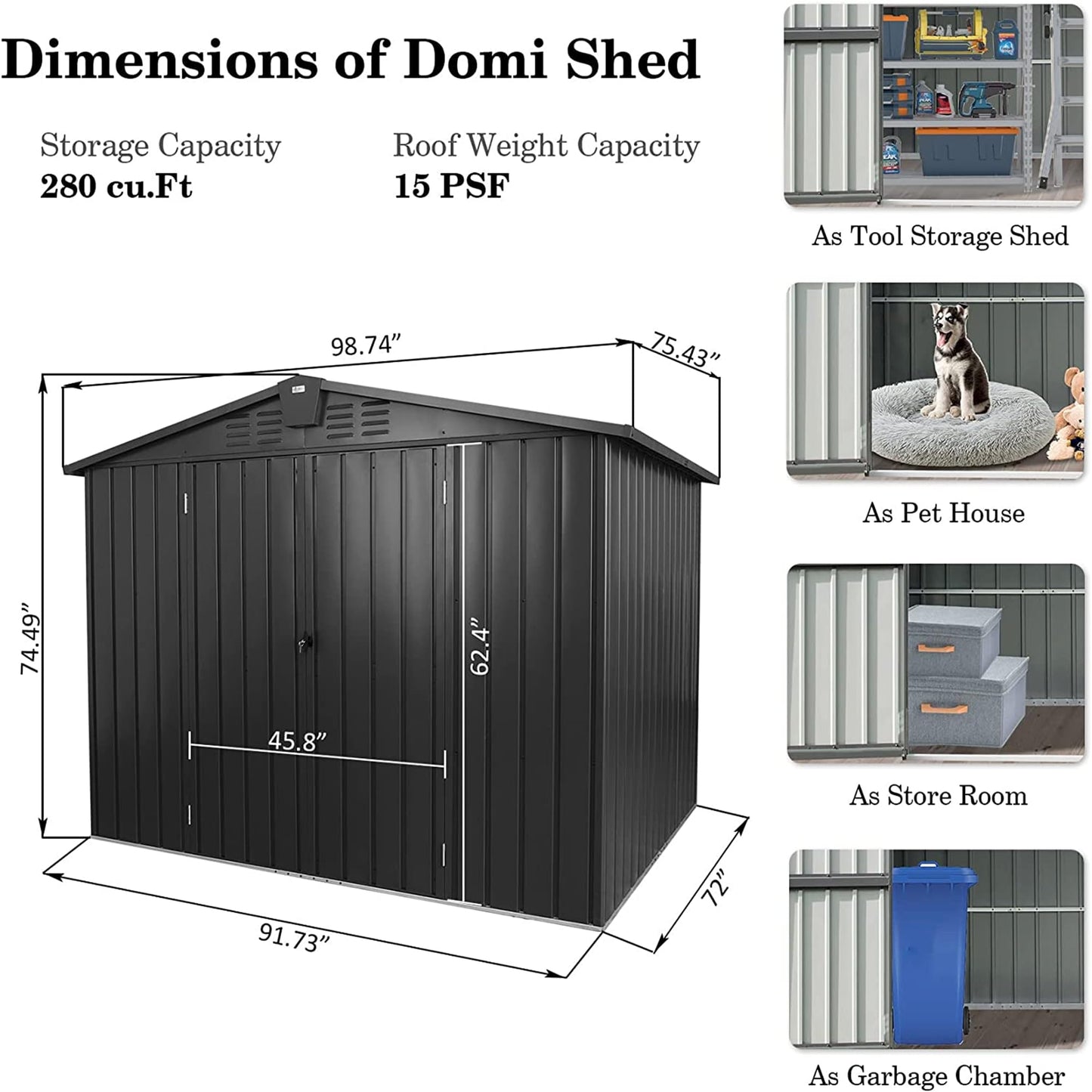 GLANZEND Abri de rangement extérieur en métal de 8 pi x 6 pi, abri de jardin avec porte verrouillable et aérations, grande armoire de rangement d'outils en acier galvanisé, étanche pour jardin, patio, pelouse, noir 8 x 6 pieds 