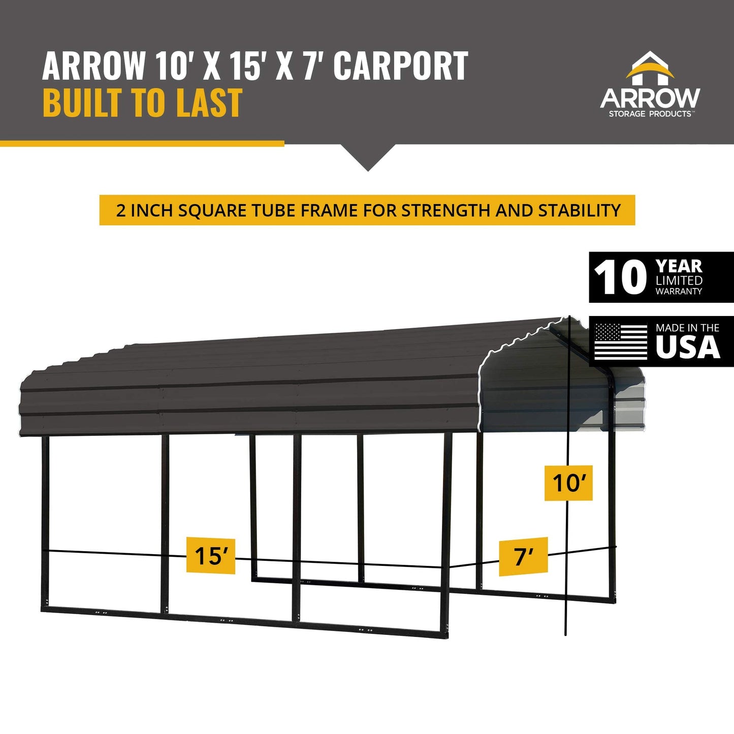 Arrow Shed CPHC101507 Heavy Duty Galvanized Steel Metal Multi-Use Shelter, Shade, Carport, 10' x 15' x 7' Carport Only Charcoal 10' x 15' x 7'