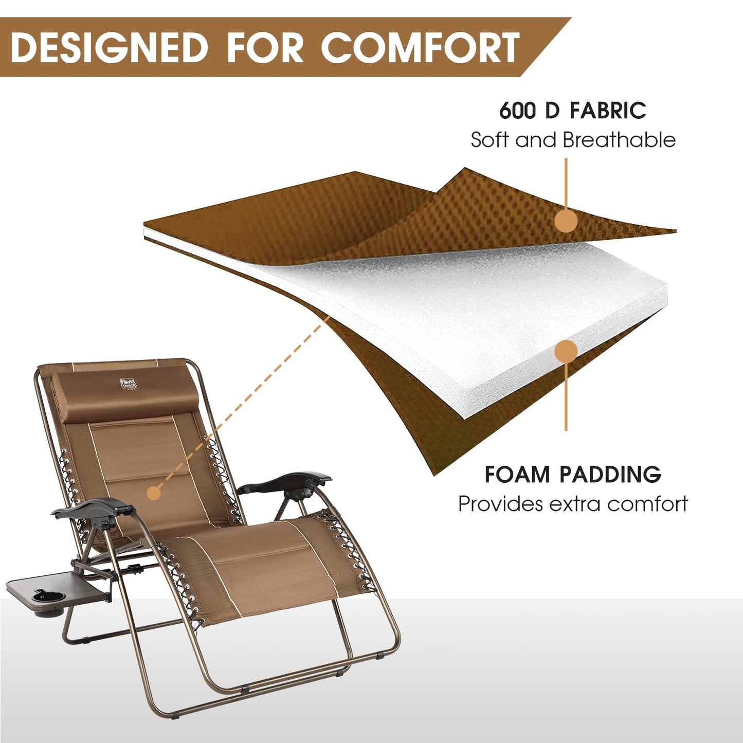 TIMBER RIDGE XXL Oversized Zero Gravity Chair, Full Padded Patio Lounger with Side Table, 33” Wide Reclining Lawn Chair, Support 500lbs (Brown) Brown