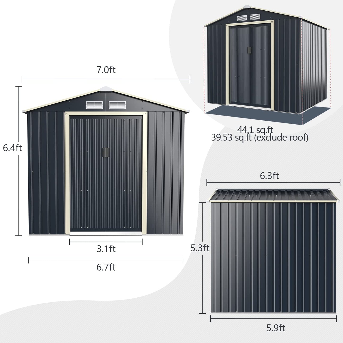 Goplus Abri de rangement en métal 7' X 6' Organisateur de bâtiment extérieur avec 4 aérations et double porte coulissante pour jardin, arrière-cour, ferme (7' X 6') 7' X 6' 