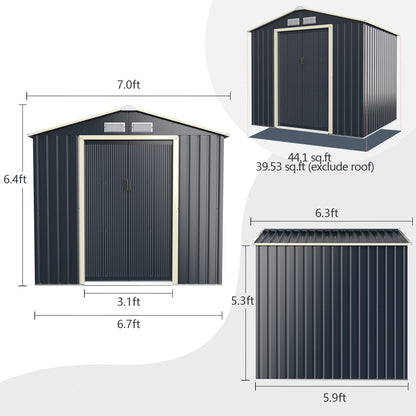 Goplus Abri de rangement en métal 7' X 6' Organisateur de bâtiment extérieur avec 4 aérations et double porte coulissante pour jardin, arrière-cour, ferme (7' X 6') 7' X 6' 