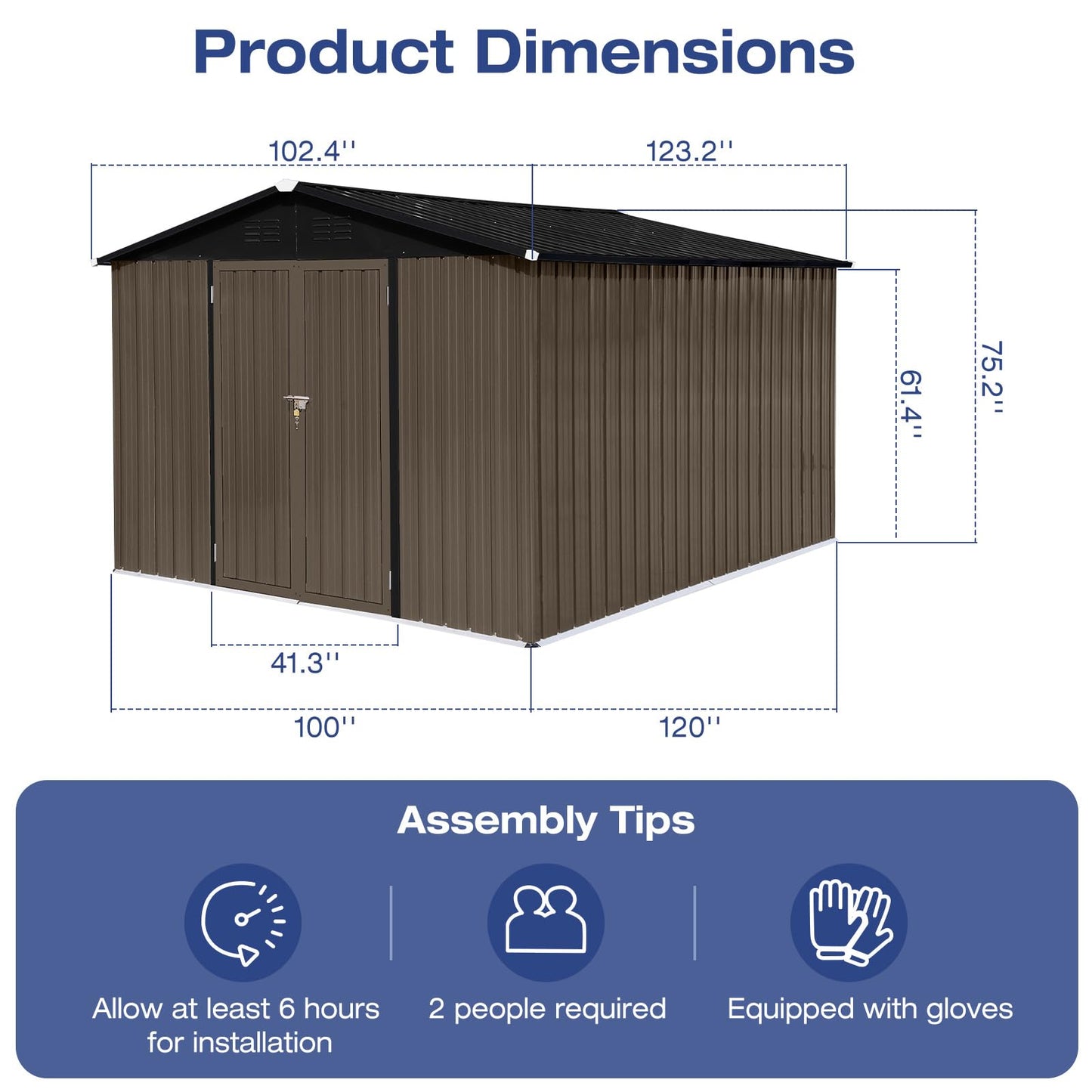 Lyromix Abri de rangement extérieur en métal avec porte et serrure, abri de rangement de jardin étanche avec cadre de base pour terrasse de jardin, marron 3 x 2,4 m 