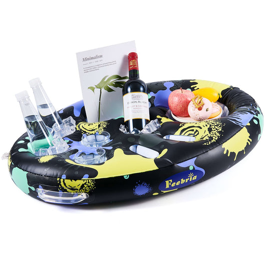 FEEBRIA Inflatable Floating Drink Holder with 9 Holes Large Capacity Drink Float for Pools & Hot Tub (Black&Yellow) Black&Yellow