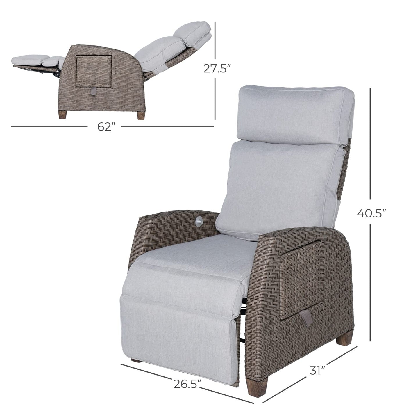 Grand patio Indoor & Outdoor Recliner Chair PE Wicker Patio Recliner with Flip Table Reclining Lounge Chair, Mist Grey