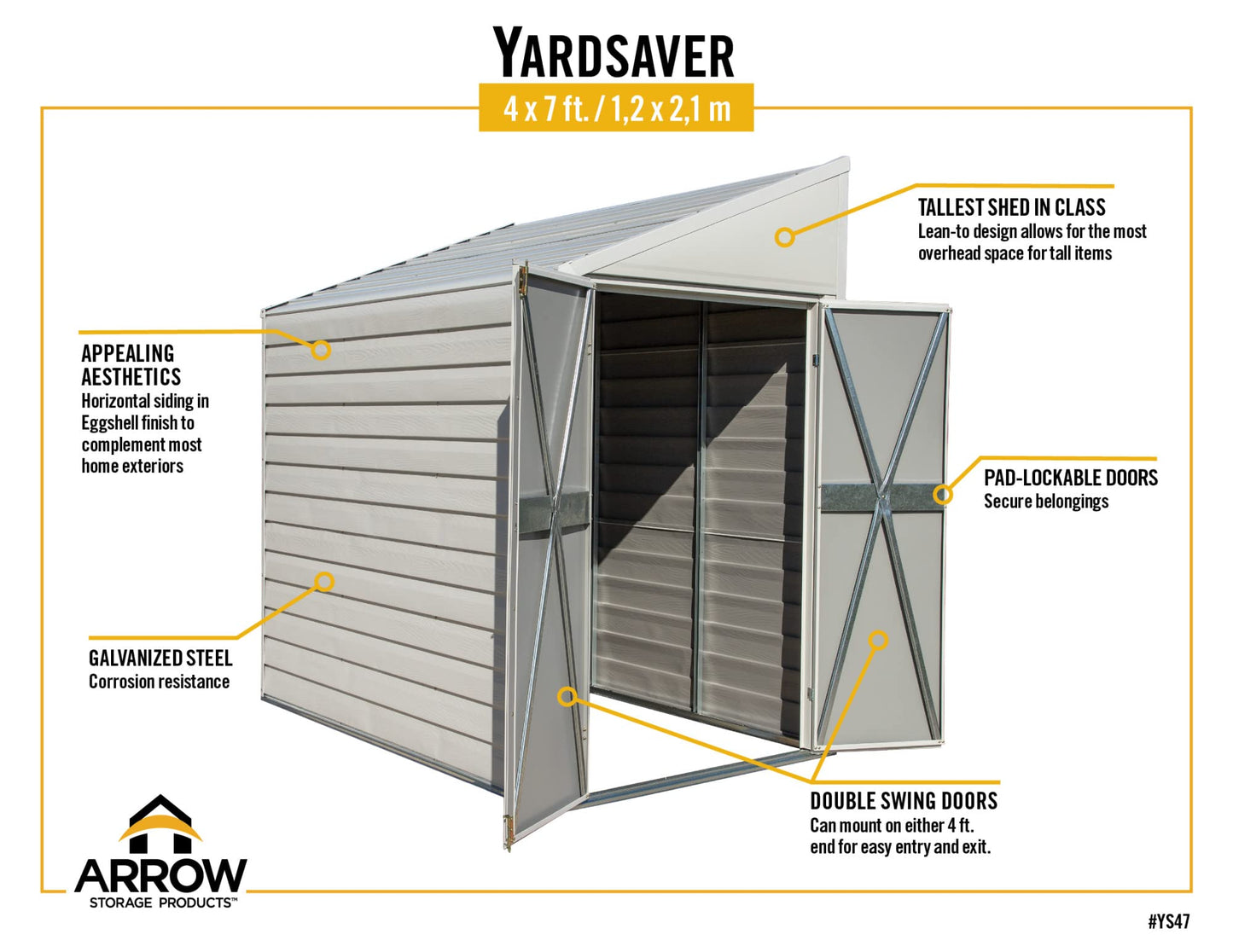 Arrow Shed YS47-A Hangar de rangement compact en acier galvanisé avec toit en pente, 4' x 7' 4' x 7' 