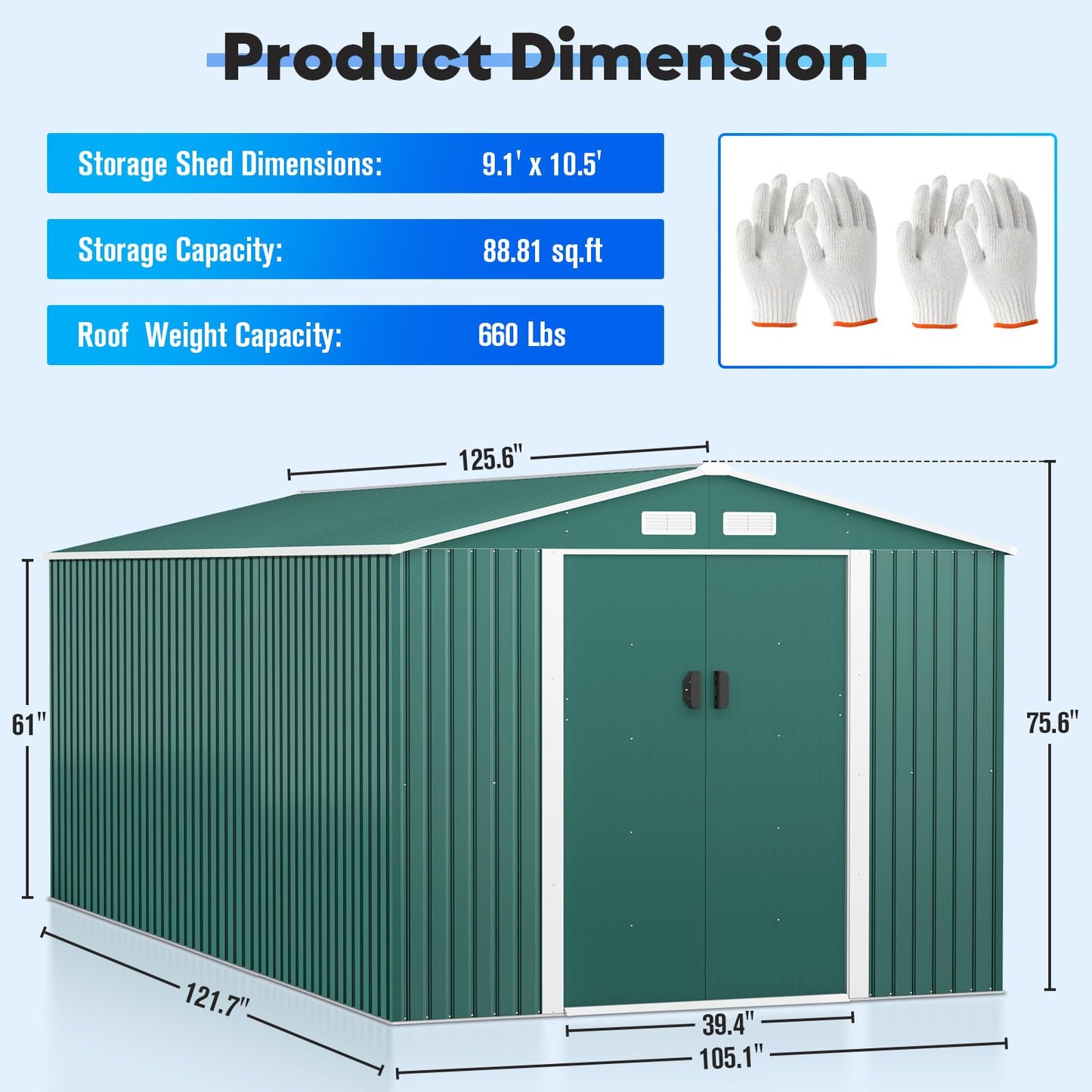 JAXSUNNY 10.5x9.1FT Outdoor Storage Shed, Large Metal Tool Sheds & Outdoor Storage with 4 Air Vents for Backyard Garden Patio Lawn, Green 10.5x9.1