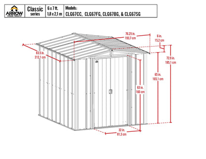 Arrow Shed Classic 6' x 7' Hangar de rangement extérieur cadenassable en acier, gris flûte 6' x 7' 