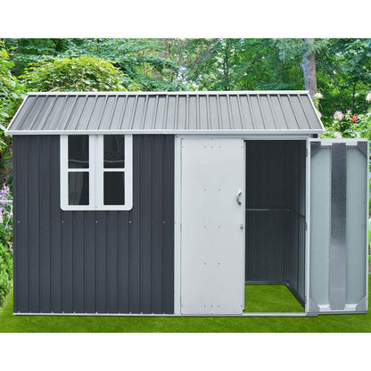 Hanover Nordic Storage Shed with Window | Galvanized Steel | Sliding Bolt Lock | 6-Ft. x 8-Ft. x 7-Ft. | Dark Gray | HANNORDICSHD-GW Steel Nordic Storage Shed