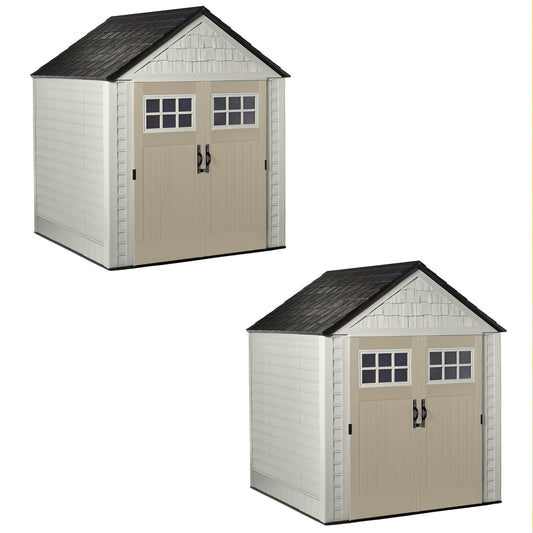 Rubbermaid 7x7 Ft Durable Weatherproof Resin Outdoor Storage Shed for Garden Tool and Lawn Machinery Organization, Sandstone (2 Pack)