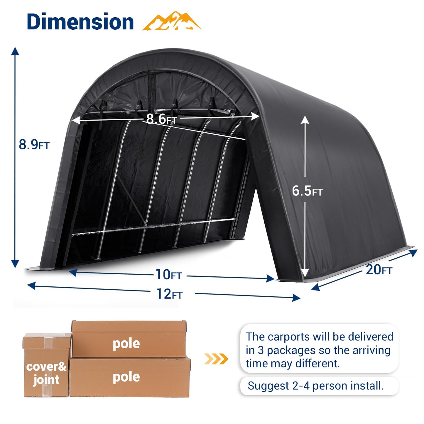 UDPATIO Abri de voiture de 12 x 20 pieds, abri robuste, tente de rangement portable extérieure avec pare-soleil, couverture épaisse imperméable de 12x20 pieds 