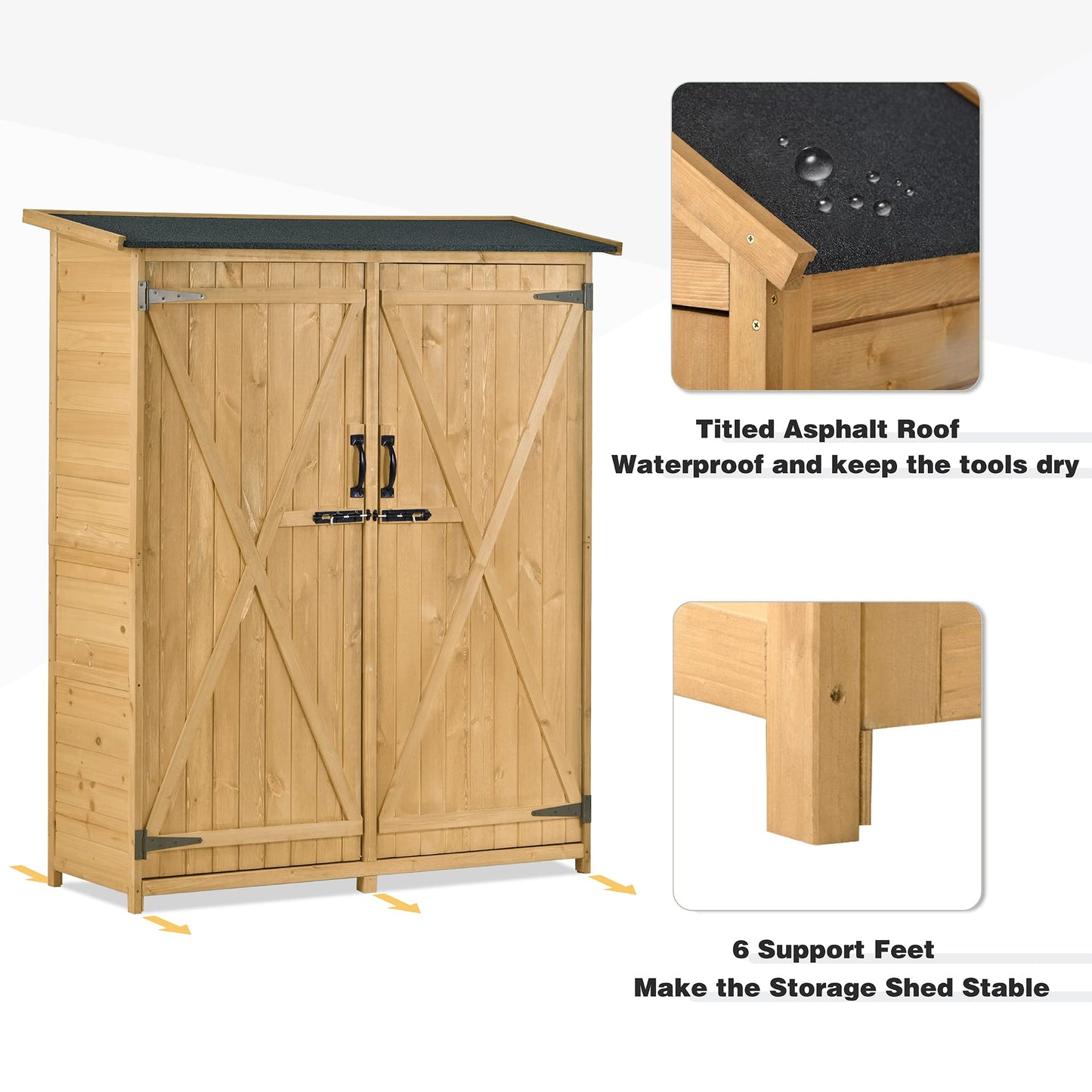 Abri de rangement extérieur avec portes verrouillables, organisateur d'outils de jardin en bois, armoire de rangement, meubles de terrasse avec étagères amovibles et toit étanche, pour jardin, nature naturelle #C, porte simple 