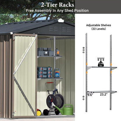 Plawden Abri de rangement extérieur en métal de 2,4 x 1,8 m, abri de jardin pour vélo, avec étagère réglable et portes verrouillables, armoire à outils avec aérations et cadre de fondation pour cour, pelouse, jardin, marron 2,4 x 1,8 m 