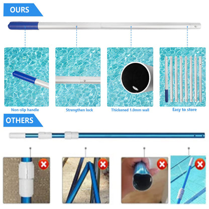 Filet d'écumoire profond Poolvio avec poteau télescopique réglable de 0,9 m à 3 m de 1,0 mm d'épaisseur et sac en maille fine pour piscines hors sol et enterrées, élimine tous les débris du râteau de piscine avec poteau.