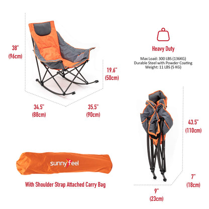 SUNNYFEEL Camping Rocking Chair, Luxury Padded Recliner, Oversized Folding Lawn Chair with Pocket, Heavy Duty for Outdoor/Picnic/Lounge/Patio, Portable Camp Rocker Chairs with Carry Bag (Orange) Orange