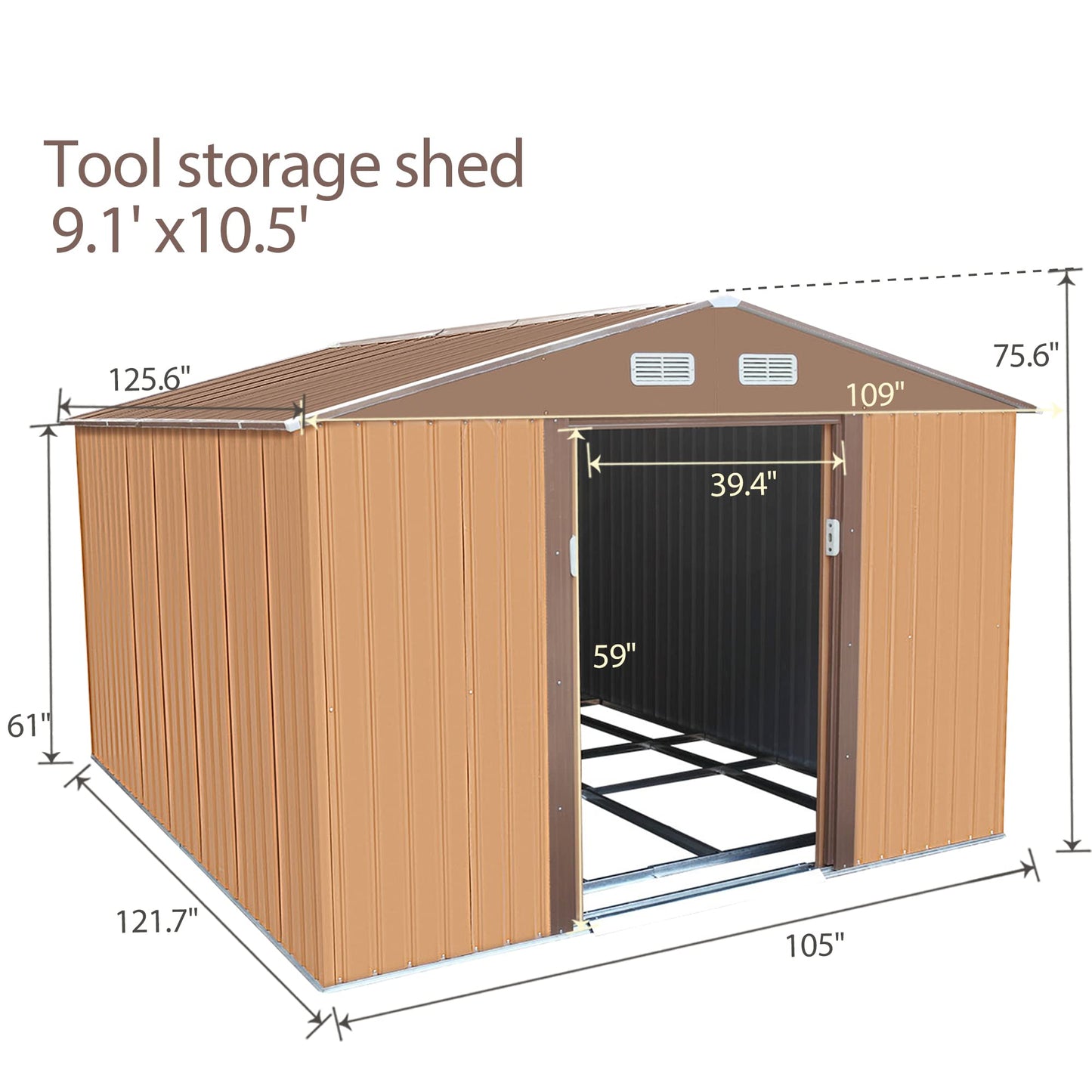 NBTiger Grand abri de rangement extérieur de 9,1 x 10,5 pi, outil utilitaire robuste, organisateur d'équipement de tondeuse à gazon pour jardin avec toit à pignon, porte coulissante verrouillable, aérations, cadre de sol – Café 