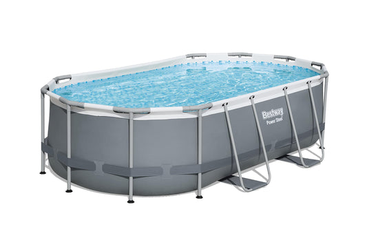 Ensemble de piscine hors sol ovale Bestway Power Steel 14 pi x 8 pi 2 po x 39,5 po | Comprend une pompe de filtration de 530 gal, une échelle, un distributeur ChemConnect 14 pi x 8 pi 2 po x 39,5 po