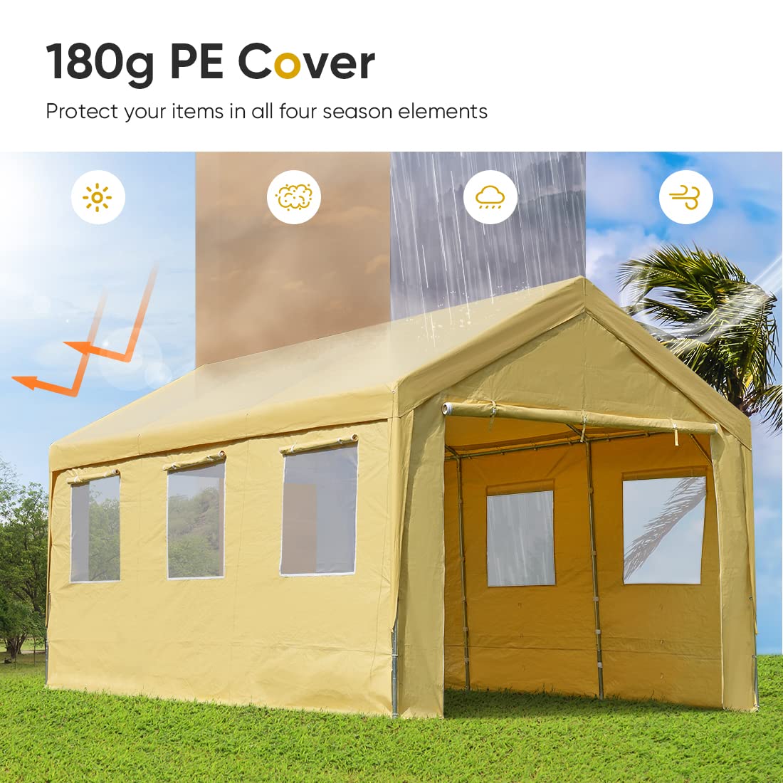 ADVANCE OUTDOOR 12x20 ft Heavy Duty Adjustable Carport with 6 Roll-up Ventilated Windows & Removable Sidewalls Car Canopy Garage Boat Shelter Party Tent, Peak Height from 9.5ft to 11ft, Beige Yellow 12'x20'